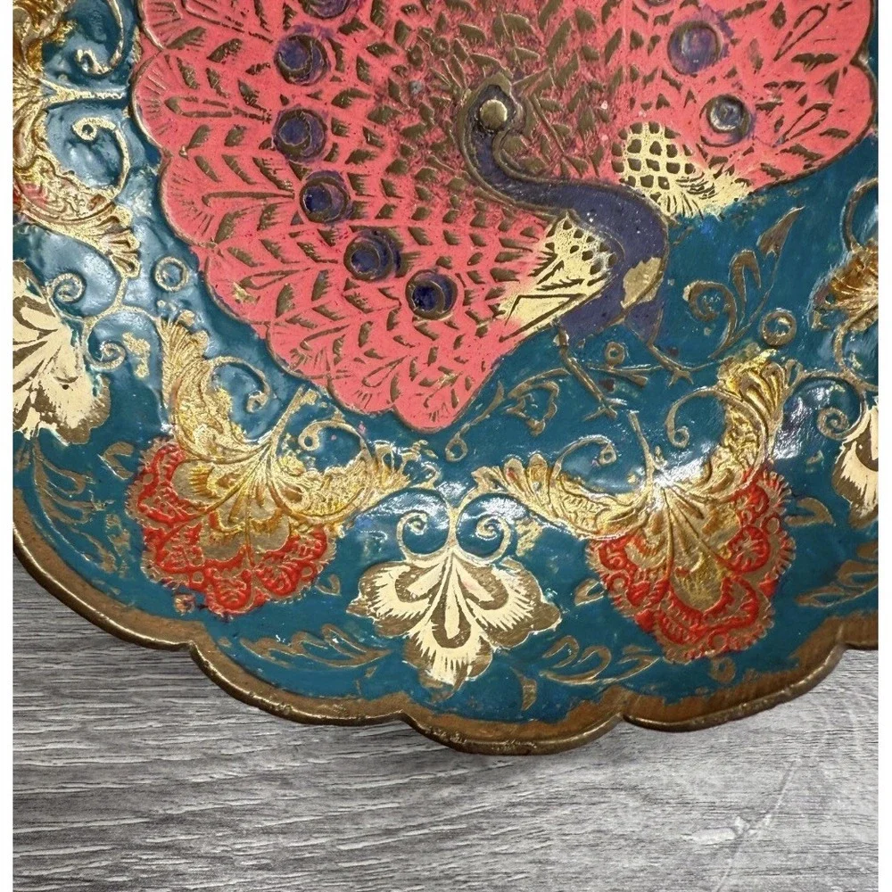 Vtg Brass‎ or Plated Bowl Trinket Dish w/ Peacock Floral Design India Scalloped